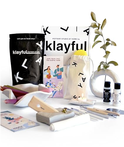 Klayful-Töpferset für Anfänger | Lufttrocknendes DIY Set für Erwachsene | 3kg of ton,Werkzeuge,Acrylfarben,Pinsel, Dichtmittel,Anleitung (1,5 kg Ton Weiß – Ohne Farben) von KLAYFUL