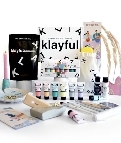 Klayful-Töpferset für Anfänger | Lufttrocknendes DIY Set für Erwachsene | 3kg of ton,Werkzeuge,Acrylfarben,Pinsel, Dichtmittel,Anleitung (1,5 kg Ton Weiß – Pastellfarben) von KLAYFUL