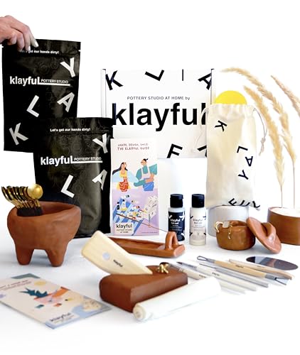 Klayful Ton Töpferset für Anfänger - Lufttrocknendes DIY Set für Erwachsene. Inklusive 3 kg Ton, Werkzeuge, Acrylfarben, Pinsel, Dichtmittel, Anleitung (Terrakotta-Ton/Ohne Farben) von KLAYFUL