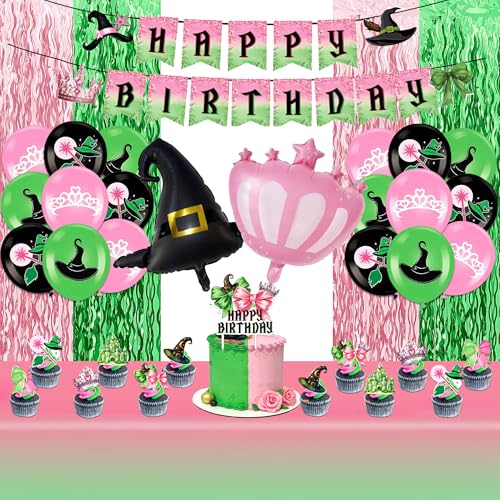 Hexen-Geburtstagsparty-Dekorationen, rosa und grün, Hexen-Themen-Partyzubehör, inklusive Folien-Fransenvorhänge, Tischdecke, Banner, Kuchendekoration, Cupcake-Topper, Luftballons für Hexen- und Hexen-Geburtstagsparty-Dekorationen, rosa und grün, Hexen-Themen-Partyzubehör, inklusive Folien-Fransenvorhänge, Tischdecke, Banner, Kuchendekoration, Cupcake-Topper, Luftballons für Hexen- und von KLDZOOF