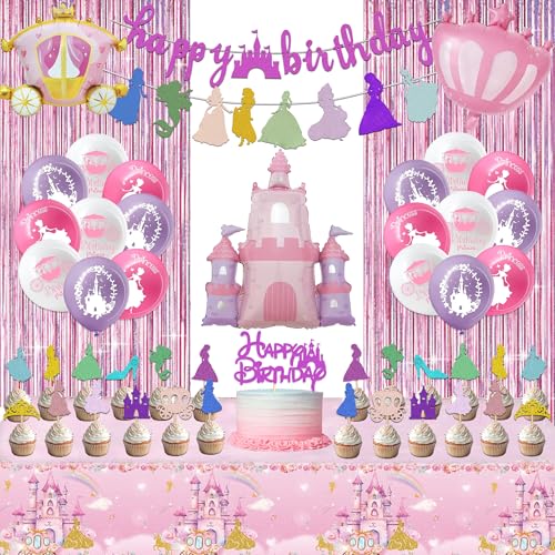 Prinzessin Geburtstag Party Dekorationen, Rosa Prinzessin Themed Party Supplies mit Schloss Krone Folienballon, Banner, Folienvorhang, Glitzer Kuchen Topper, Cupcake Toppers und Tischdecke für Mädchen Prinzessin Geburtstag Party Dekorationen, Rosa Prinzessin Themed Party Supplies mit Schloss Krone Folienballon, Banner, Folienvorhang, Glitzer Kuchen Topper, Cupcake Toppers und Tischdecke für Mädchen von KLDZOOF
