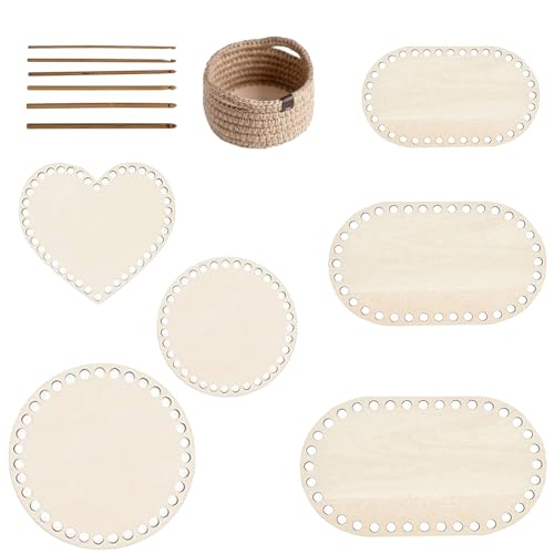 KLEHOPE 6 Stück Holzboden zum Häkeln, Holz Korbboden zum Häkeln, 3 Formen Holzboden für Häkelkorb mit Häkelnadeln, für DIY-Korbstricken und Wohnkultur von KLEHOPE