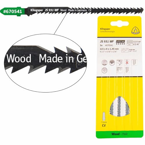 5 x Klingspor JS 931 WF Stichsägeblätter 115 x 5 x 1,45 mm Nutzlänge 95Crom-Vanadium kreuzgeschliffen, konisch, 8-11 Zähne pro Zoll 5 x Klingspor JS 931 WF Stichsägeblätter 115 x 5 x 1,45 mm Nutzlänge 95Crom-Vanadium kreuzgeschliffen, konisch, 8-11 Zähne pro Zoll von KLINGSPOR