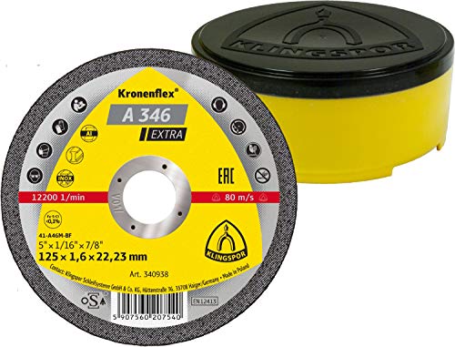Klingpsor 340938 A 346 Extra Kronenflex Trennscheiben für Edelstahl, Stahl, Gerade, 125mm x 1.6mm x 22.23mm, 25 Stück, 100 korn Klingpsor 340938 A 346 Extra Kronenflex Trennscheiben für Edelstahl, Stahl, Gerade, 125mm x 1.6mm x 22.23mm, 25 Stück, 100 korn von KLINGSPOR