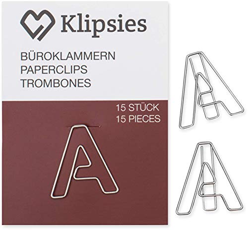 KLIPSIES Buchstabe A (Buchstabe wählbar) 15 Deko Büroklammern Motiv Heftklammern 1x15 Stück Silber von KLIPSIES