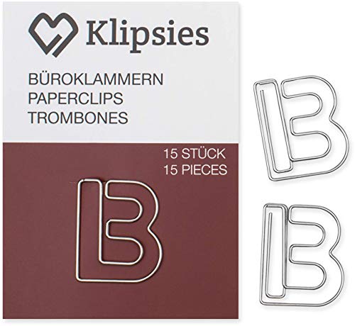 KLIPSIES Buchstabe B (Buchstabe wählbar) 15 Deko Büroklammern Motiv Heftklammern 1x15 Stück Silber von KLIPSIES
