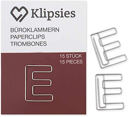 KLIPSIES Buchstabe E (Buchstabe wählbar) 15 Deko Büroklammern Motiv Heftklammern 1x15 Stück Silber von KLIPSIES