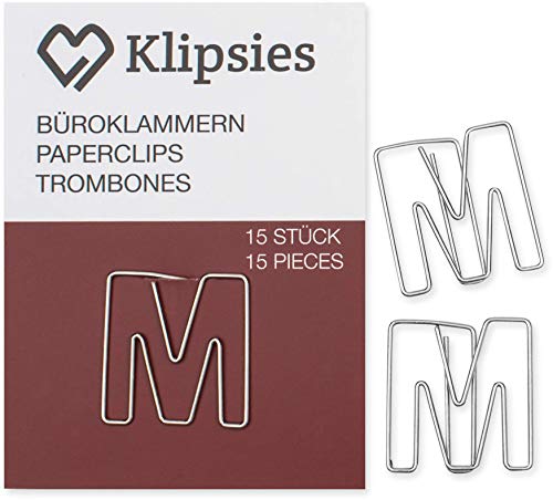 KLIPSIES Buchstabe M (Buchstabe wählbar) 15 Deko Büroklammern Motiv Heftklammern 1x15 Stück Silber von KLIPSIES