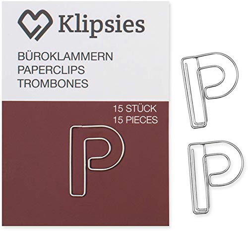 KLIPSIES Buchstabe P (Buchstabe wählbar) 15 Deko Büroklammern Motiv Heftklammern 1x15 Stück Silber von KLIPSIES