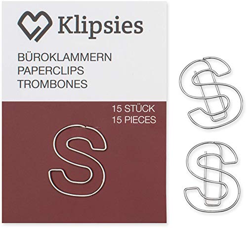 KLIPSIES Buchstabe S (Buchstabe wählbar) 15 Deko Büroklammern Motiv Heftklammern 1x15 Stück Silber von KLIPSIES