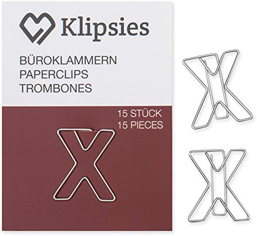 KLIPSIES Buchstabe X (Buchstabe wählbar) 15 Deko Büroklammern Motiv Heftklammern 1x15 Stück Silber von KLIPSIES