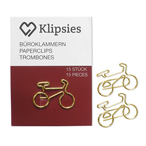 KLIPSIES Fahrrad (Design wählbar) 15 Deko Büroklammern Motiv Heftklammern 1x15 Stück Gold von KLIPSIES