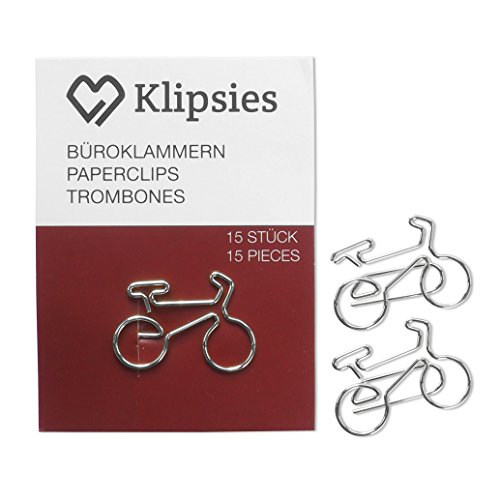 KLIPSIES Fahrrad (Design wählbar) 15 Deko Büroklammern Motiv Heftklammern 1x15 Stück Silber von KLIPSIES