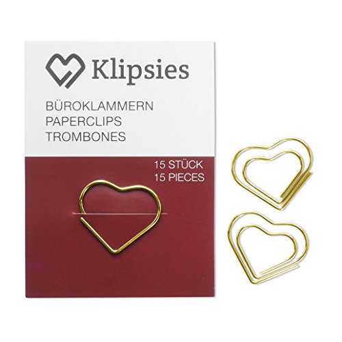 KLIPSIES Herz (Design wählbar) 15 Deko Büroklammern Motiv Heftklammern 1x15 Stück Gold von KLIPSIES