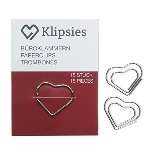KLIPSIES Herz (Design wählbar) 15 Deko Büroklammern Motiv Heftklammern 1x15 Stück Silber von KLIPSIES