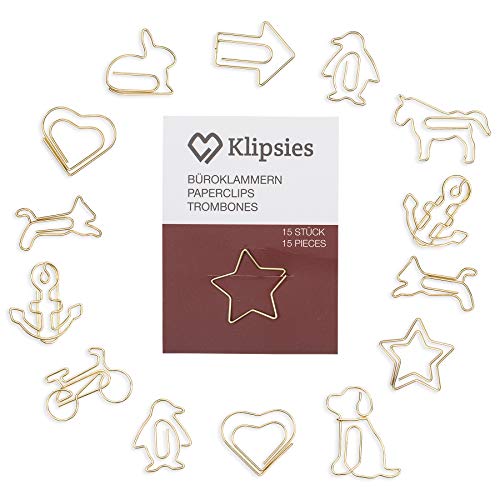 KLIPSIES Mix (Design wählbar) 15 Deko Büroklammern Motiv Heftklammern 1x15 Stück Gold von KLIPSIES
