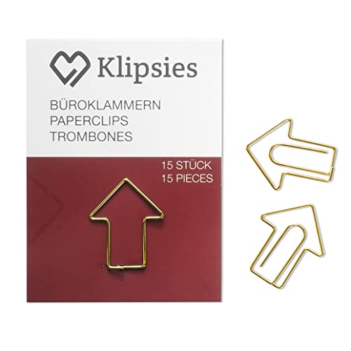 KLIPSIES Pfeil (Design wählbar) 15 Deko Büroklammern Motiv Heftklammern 1x15 Stück Gold von KLIPSIES