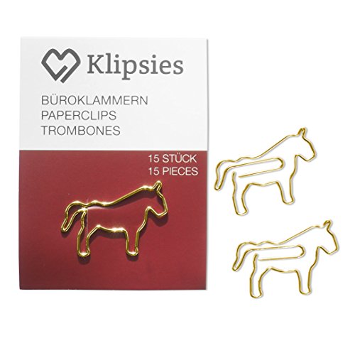 KLIPSIES Pferd (Design wählbar) 15 Deko Büroklammern Motiv Heftklammern 1x15 Stück Gold von KLIPSIES