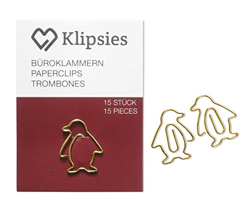 KLIPSIES Pinguin (Design wählbar) 15 Deko Büroklammern Motiv Heftklammern 1x15 Stück Gold von KLIPSIES