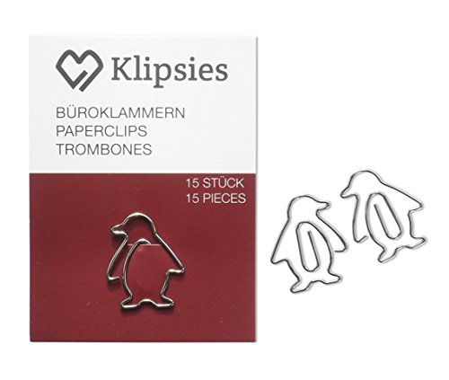 KLIPSIES Pinguin (Design wählbar) 15 Deko Büroklammern Motiv Heftklammern 1x15 Stück Silber von KLIPSIES