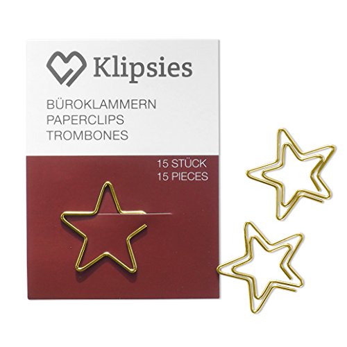 KLIPSIES Stern (Design wählbar) 15 Deko Büroklammern Motiv Heftklammern 1x15 Stück Gold von KLIPSIES