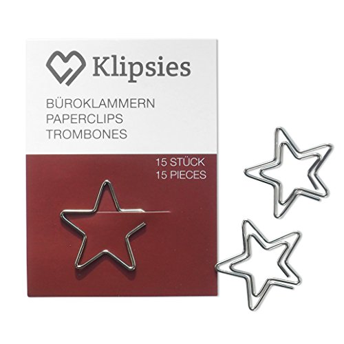KLIPSIES Stern (Design wählbar) 15 Deko Büroklammern Motiv Heftklammern 1x15 Stück Silber von KLIPSIES