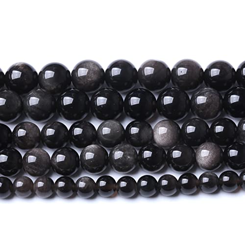 Natürliche Obsidian-Steinperlen, 10 mm, AAA, rund, lose Perlen für Schmuckherstellung, DIY-Armbänder (silberfarbener Obsidian-Stein, 10 mm), 38 Stück von KLIYBGTHIJTP