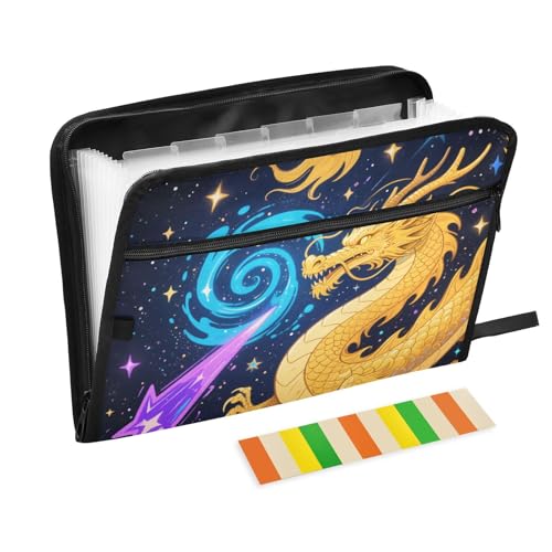 Abstrakter Nachthimmel, Sterne, gelber Drache, Fächermappe, 13 Fächer, A4, Briefgröße mit Reißverschluss, für Zuhause, Büro, Reisen, Fächermappe mit Etiketten, Carpetas de von KLL
