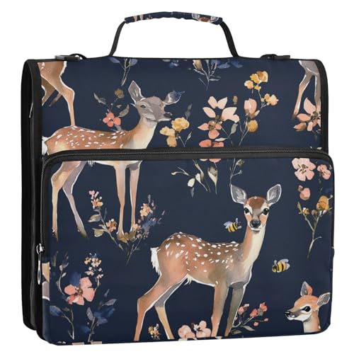 Aesthetic Deer Büroordner mit 3 Ringen, 3 Ringe, marineblau, mit Griff und abnehmbarem Schultergurt, Dokumentenmappe mit mehreren Taschen, Organizer für Schule, Encuadernador de Cartera von KLL
