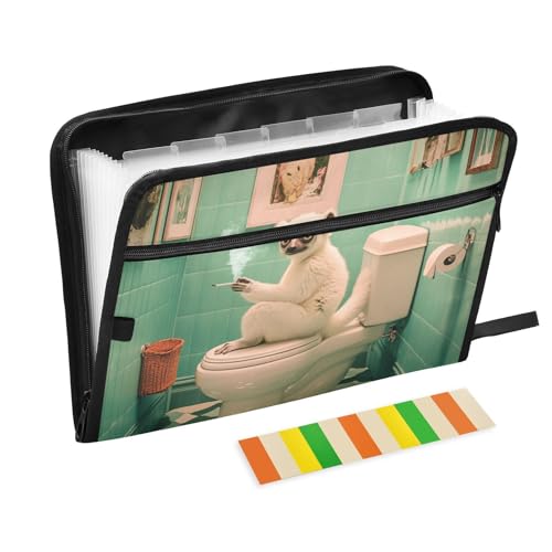 Akkordeanische Aktenordner, A4-Größe, Hängeregistechte, Taschen mit Reißverschluss, für Meetings, niedlicher Lemur, Retro-Toilettenrauchen von KLL