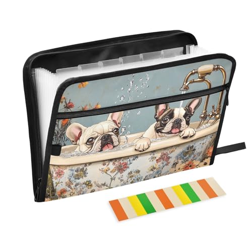 Akkordeon-Aktenordner, A4-Größe, Akkordeon-Organizer mit Etikett für Beinpflege, Cartoon, Französische Bulldogge, Hunde, Retro-Badewanne von KLL