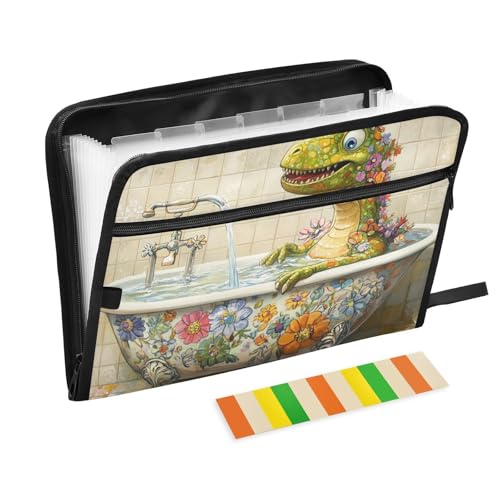 Akkordeon-Aktenordner, A4-Größe, Hängemappe mit Reißverschluss, für Ernährungsberater, klinische Krankenpflege, schicker Dinosaurier, Vintage-Badewanne von KLL