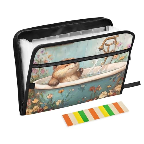 Akkordeon-Aktenordner, A4-Größe, erweiterbar, Akkordeon-Ordner mit Trennwänden für Büro, Klemmbrett, niedlicher Biber, Vintage, Badewanne, schick, Dinosaurier, Vintage-Badewanne von KLL