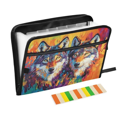 Akkordeon-Aktenordner, A4-Größe, mehrere Taschen, Ordner mit Taschen für Polizei, Ticket, Militär, lebendige Begleiter, Farbe gespritzter Wolf von KLL