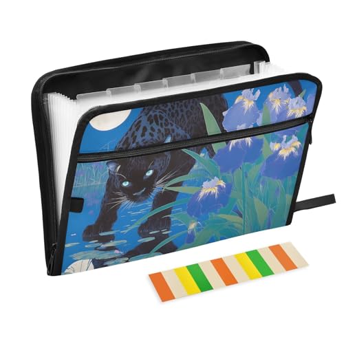 Aktenordner, schicker schwarzer Leopard mit blauer Schwertlilie, 13 Fächer, A4, Briefgröße mit Reißverschluss, für Bürobedarf, Fächermappe von KLL
