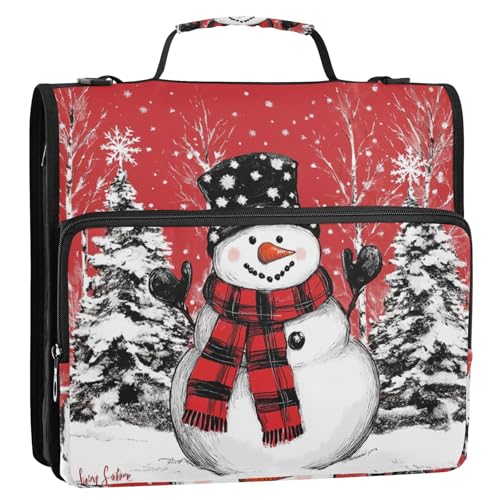 Aktenordner mit 3 Ringen, Reißverschluss, Büffelkariert, Schneemann, Weihnachtsbäume, 3,8 cm, Rot / Schwarz, mit Griff und abnehmbarem Schultergurt, einfach zu tragen, Schulbedarf, Organizer für Büro von KLL