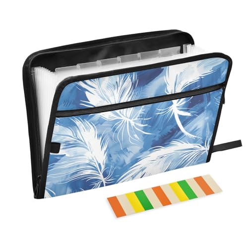 Batik-Mappe, blau, weiße Federn, erweiterbar, 13 Fächer, A4, Briefgröße mit Reißverschluss, für Büro, Aktenordner, Para Guardar Documentos von KLL
