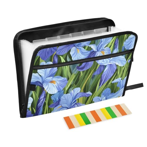 Beauty Spring Schnellhefter mit blauen Irisblumen, erweiterbar, 13 Taschen, A4, Briefgröße mit Reißverschluss, für Bürobedarf, Organizer, Fächermappe von KLL