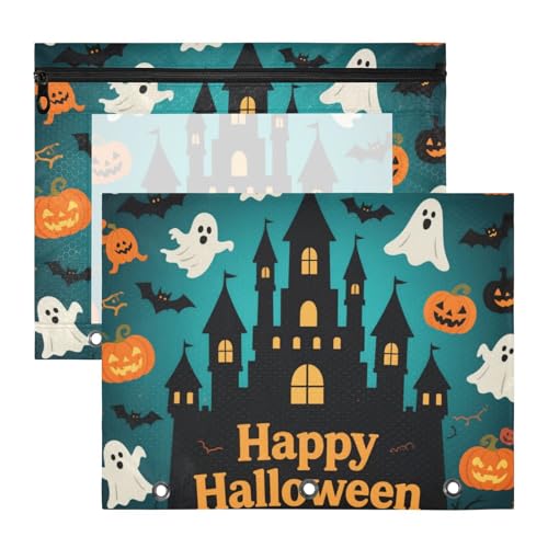 Binder-Bleistiftbeutel, transparent, 3 Löcher, für A4-Papier, Briefe, 2 Stück, Lehrer, Schulbedarf, Happy Halloween, schwarzes Schloss von KLL