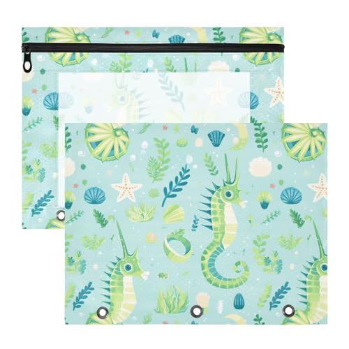 Binder-Bleistiftbeutel mit Reißverschluss, 3-Loch-Tasche für 3 Ringe, 2 Stück, Studenten, Büro, Cartoon, Seepferdchen, Hellgrün von KLL