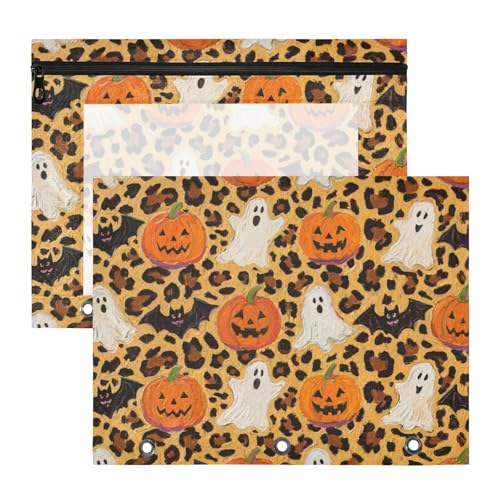 Binder-Bleistiftbeutel mit glatten Reißverschlüssen, 3-Loch-Tasche für A4-Papier, Briefe, 2 Stück, Studenten, Zuhause, Halloween, Orange, Leopard, Kürbis von KLL