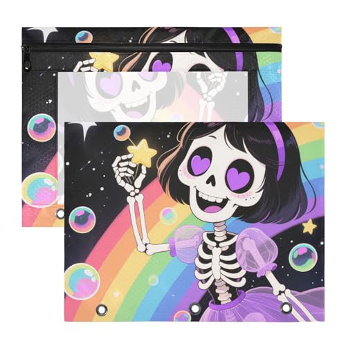 Binder-Bleistiftetui, 3 Löcher, Taschenordner für A4-Papier, Briefe, 2 Stück, Studenten, Klasse, Cartoon, niedliches Skelett, Regenbogen Binder-Bleistiftetui, 3 Löcher, Taschenordner für A4-Papier, Briefe, 2 Stück, Studenten, Klasse, Cartoon, niedliches Skelett, Regenbogen von KLL