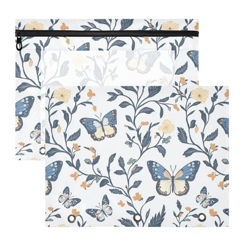 Binder-Bleistiftetui, transparentes Fenster, 3 Löcher, Tasche für 3 Ringe, 2 Stück, Lehrer, Schulbedarf, Marineblau, Schmetterlings-Zweig von KLL