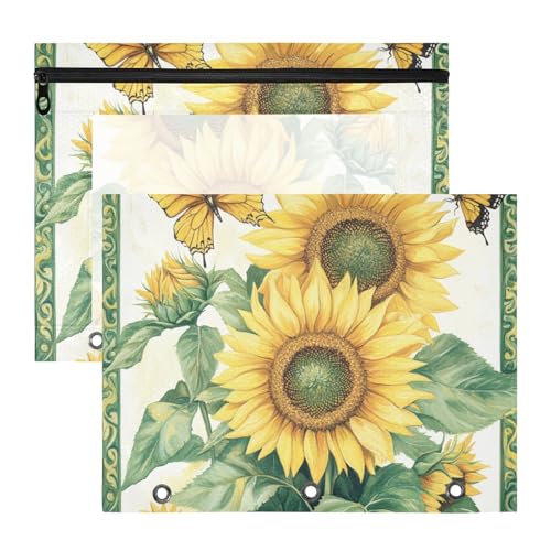Binder-Federmäppchen, 3 Löcher, 3 Ringe, Tasche für 3 Ringe, 2 Stück, Studenten, Schulbedarf, Sonnenblumen, Schmetterling von KLL