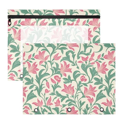 Binder-Federmäppchen, 3 Löcher, 3 Ringe, Tasche für A4-Papier, Briefe, 2 Stück, Lehrer, Klassenzimmer, Vintage, Rosa, Glockenblume, grüne Blätter von KLL