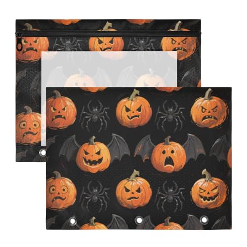 Binder-Federmäppchen, 3 Löcher, Kunststoff-Aktenordner für 3 Ringe, 2 Stück, Studenten, Zuhause, Orange, Böse, Halloween, Kürbis, Fledermaus von KLL