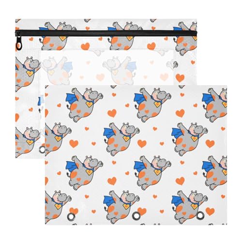 Binder-Federmäppchen, 3 Löcher, Stifthalter für 3 Ringe, 2 Stück, Lehrer, College, Zubehör, Nilpferd, lustiges Tier, fliegendes weißes Herz, Orange von KLL