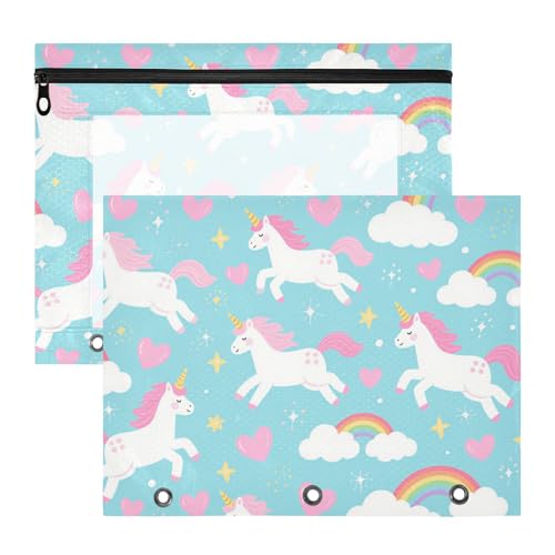 Binder-Federmäppchen, stabiler Kunststoff, Ordner für A4-Papier, Briefe, 2 Stück, Lehrer, Büro, niedliche Cartoon-Einhörner, Hellblau Binder-Federmäppchen, stabiler Kunststoff, Ordner für A4-Papier, Briefe, 2 Stück, Lehrer, Büro, niedliche Cartoon-Einhörner, Hellblau von KLL