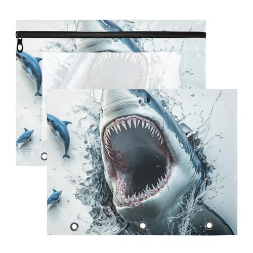 Binder-Federmäppchen, transparenter Kunststoff, für A4-Papier, Briefe, 2 Stück, Studenten, Büro, 3D-Loch, weiße Wand, Tierhai Binder-Federmäppchen, transparenter Kunststoff, für A4-Papier, Briefe, 2 Stück, Studenten, Büro, 3D-Loch, weiße Wand, Tierhai von KLL