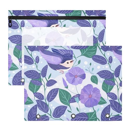 Binder-Federmäppchen mit Reißverschluss, 3 Locher für 3 Ringe, 2 Stück, Studenten, Klassenzimmer, Lila, Morning Glory Blumen, Vögel, Cartoon-Stil Binder-Federmäppchen mit Reißverschluss, 3 Locher für 3 Ringe, 2 Stück, Studenten, Klassenzimmer, Lila, Morning Glory Blumen, Vögel, Cartoon-Stil von KLL